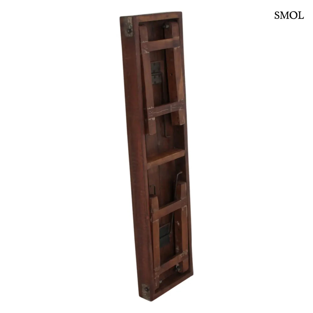 Rusztikus összecsukható fapad újrahasznosított indiai fából, 120×45 cm, összecsukva, oldalról