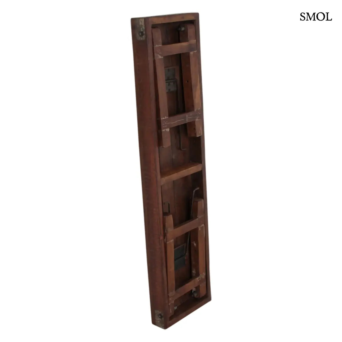 Rusztikus összecsukható fapad újrahasznosított indiai fából, 120×45 cm, összecsukva, oldalról