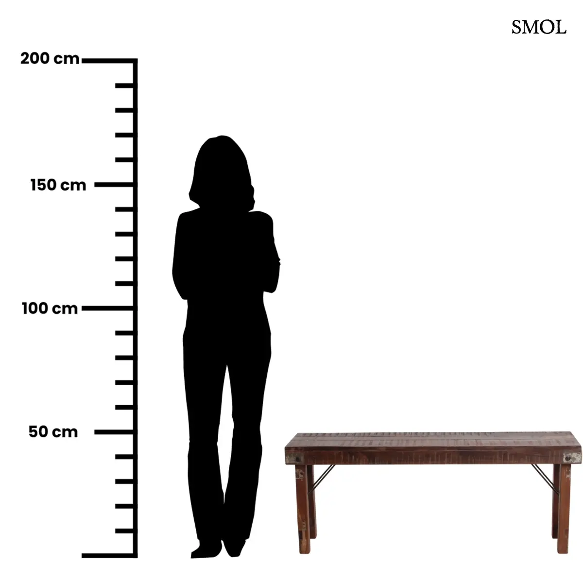 Rusztikus összecsukható fapad újrahasznosított indiai fából, 120×45 cm, méretarányosan