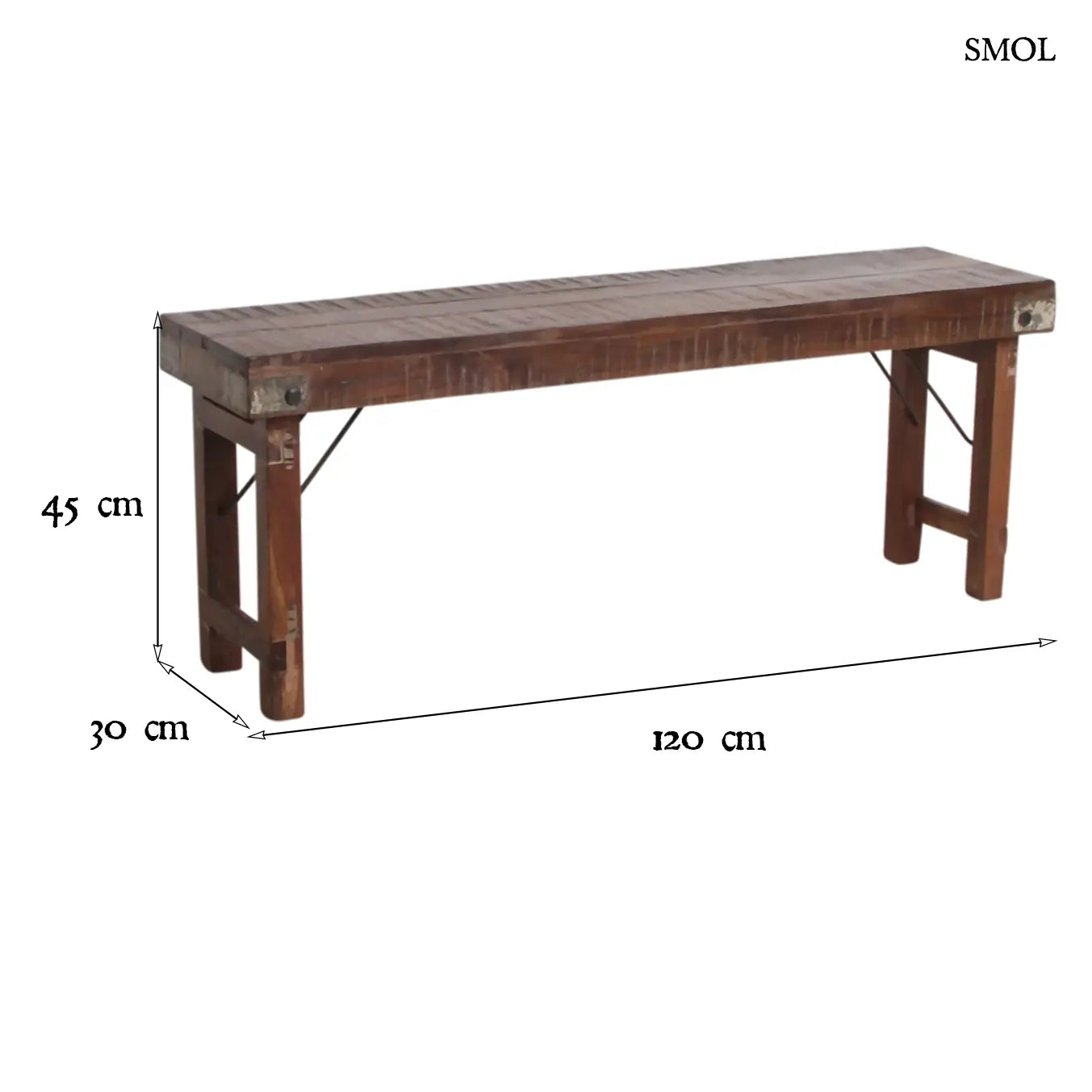 Rusztikus összecsukható fapad újrahasznosított indiai fából, 120×45 cm, méretekkel