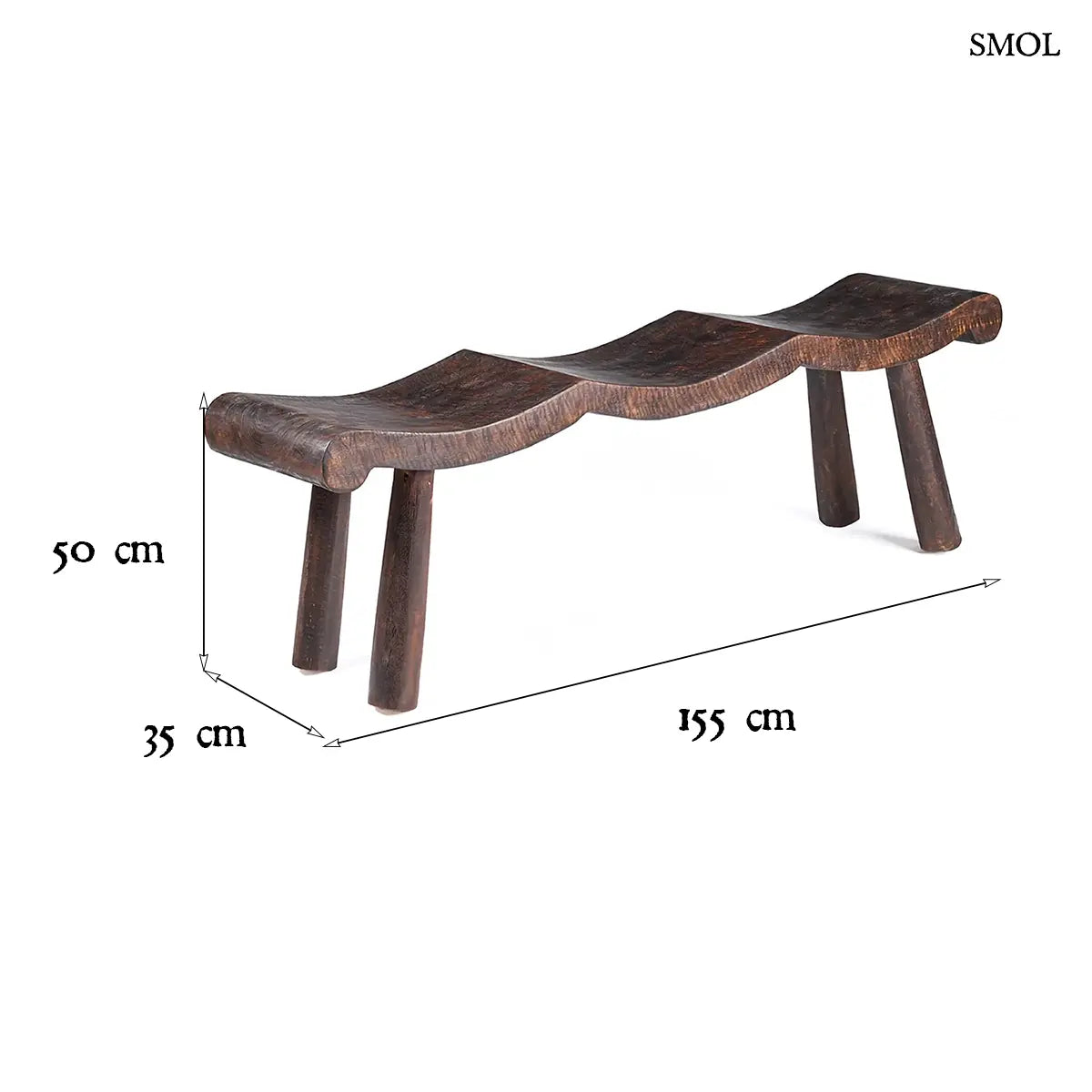 LOMBOK WAVE M hullámformájú mangófa pad sötét dió színben – 155 × 50 × 35 cm, méretekkel