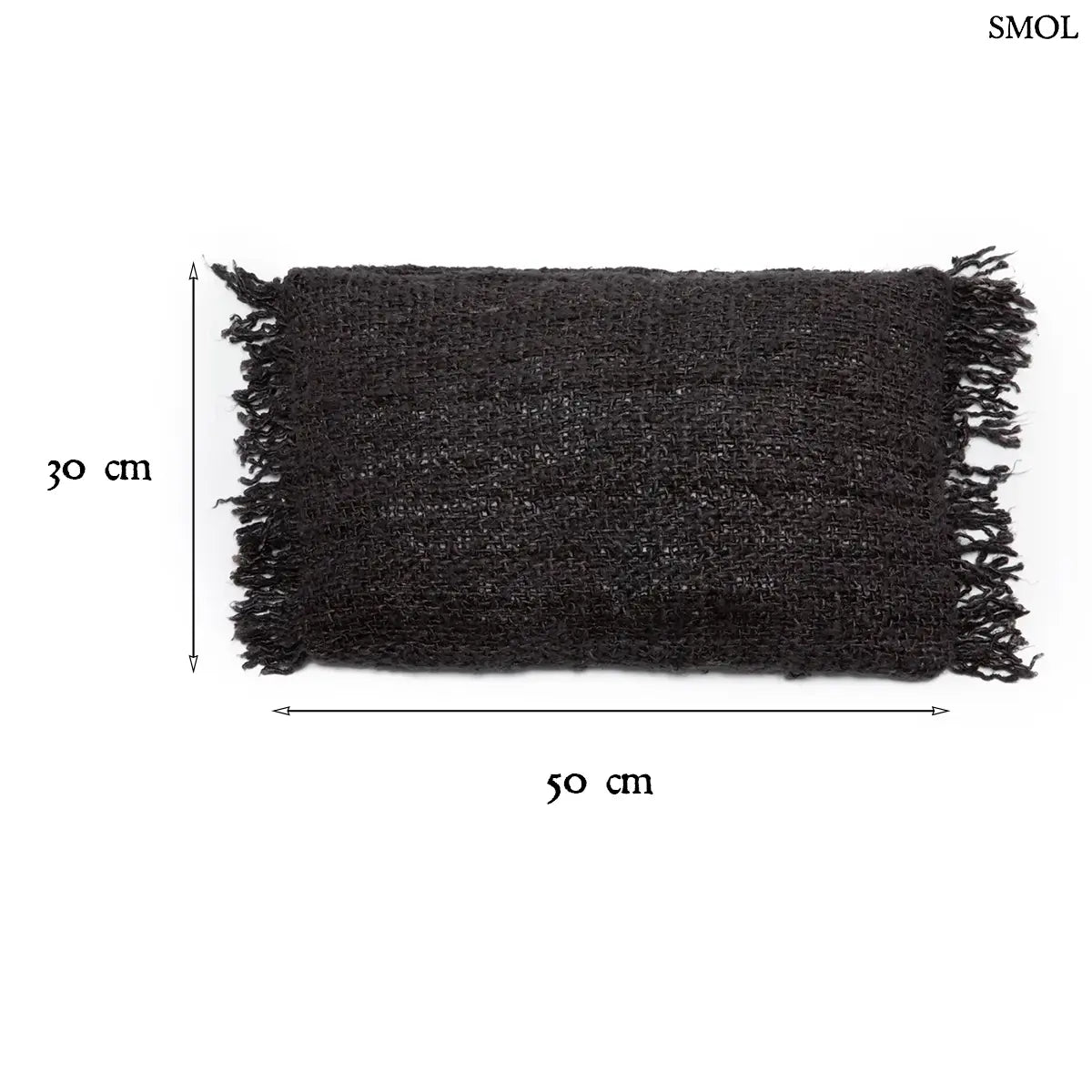 Éjfekete, texturált pamut díszpárnahuzat rusztikus rojtos szélekkel, méretekkel