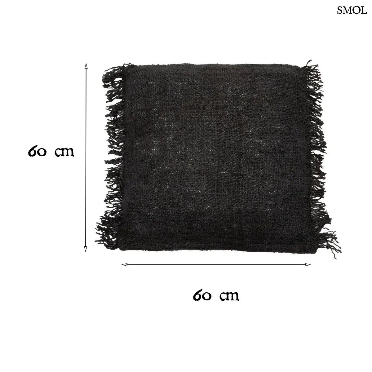 Éjfekete, rojtos szélű, rusztikus szövésű pamut díszpárnahuzat, méretekkel