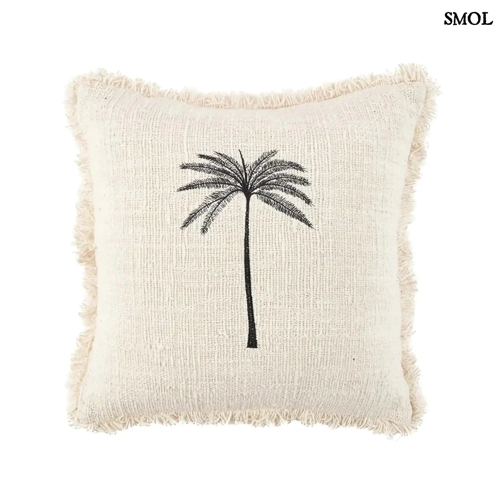 Pamut díszpárnahuzat natúr bézs alapon fekete pálmafa mintával, fehér háttérrel