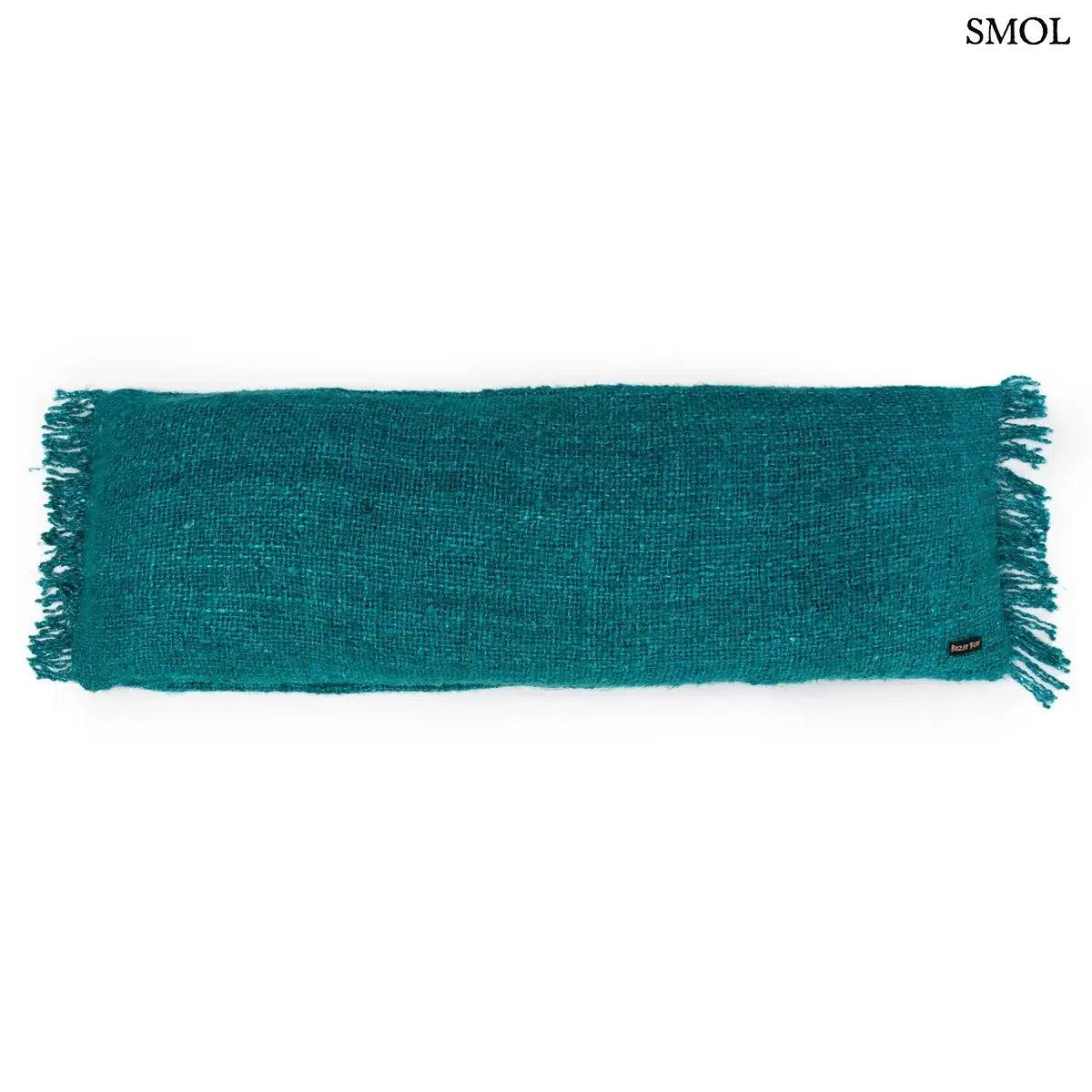 Hosszúkás, akvakék színű, rojtos szélű pamut díszpárnahuzat, hátulról