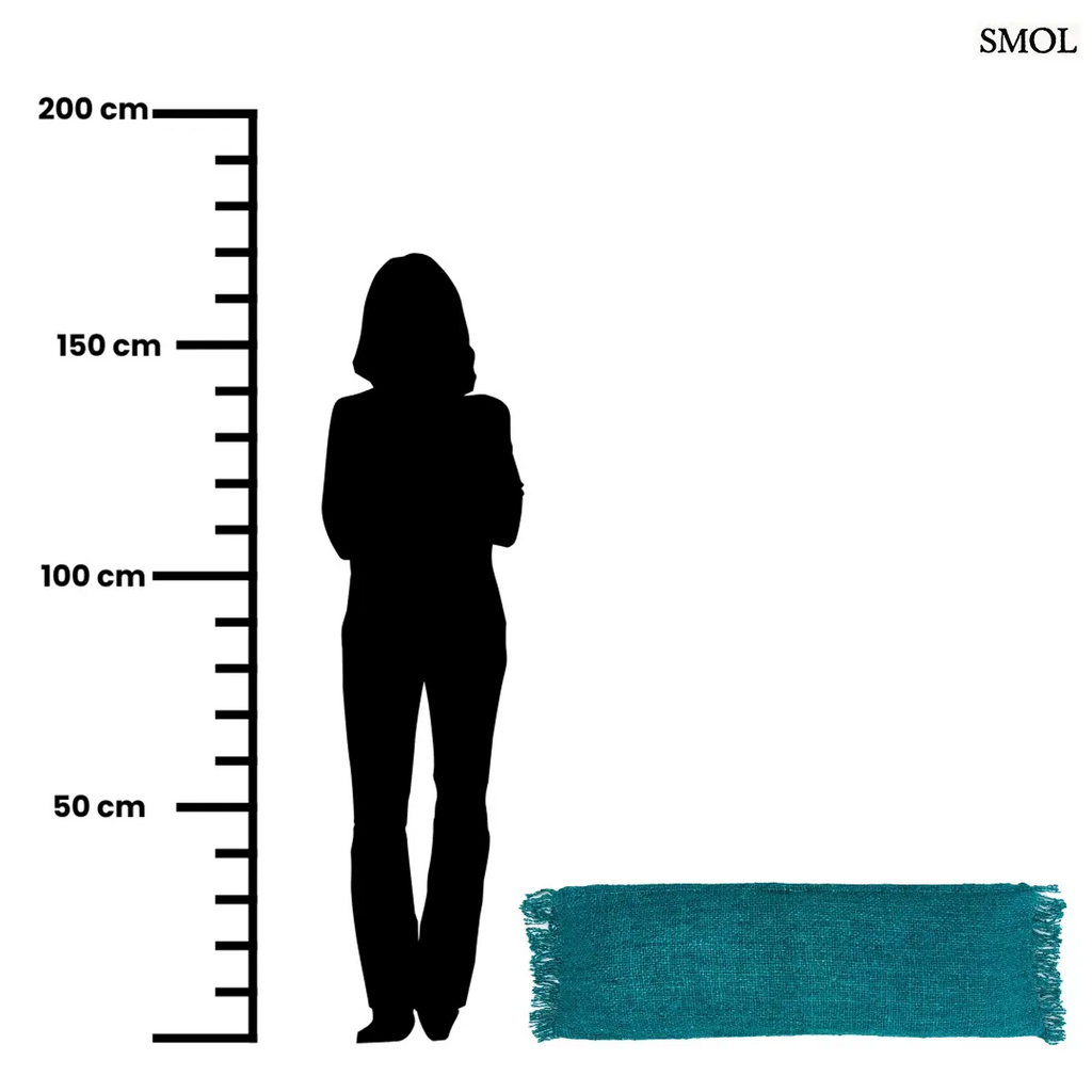 Hosszúkás, akvakék színű, rojtos szélű pamut díszpárnahuzat, méretarányosan