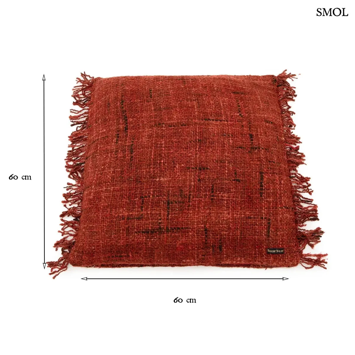 Bohém stílusú, kézzel szőtt cseresznyepiros pamut díszpárnahuzat rojtos szegéllyel, 60x60 cm-es méretben, méretekkel