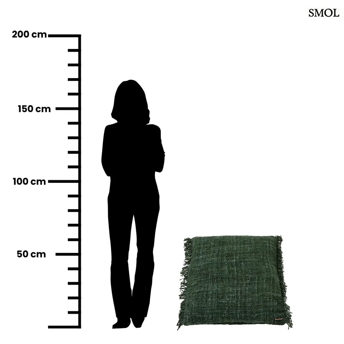 Erdőzöld, texturált pamut díszpárnahuzat rojtos szélekkel, kézzel szőtt bohém stílusban, méretarányosan