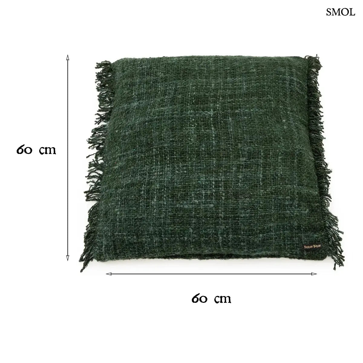 Erdőzöld, texturált pamut díszpárnahuzat rojtos szélekkel, kézzel szőtt bohém stílusban, méretekkel