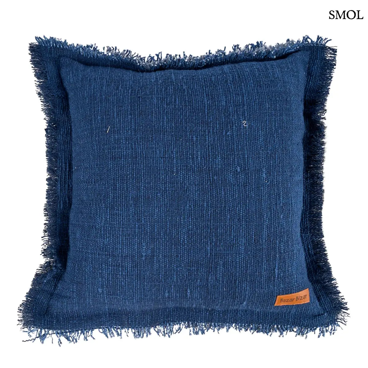 Kék díszpárnahuzat rojtos szegéllyel, 50x50 cm méretben, prémium pamut-vászon anyagból, hátulról