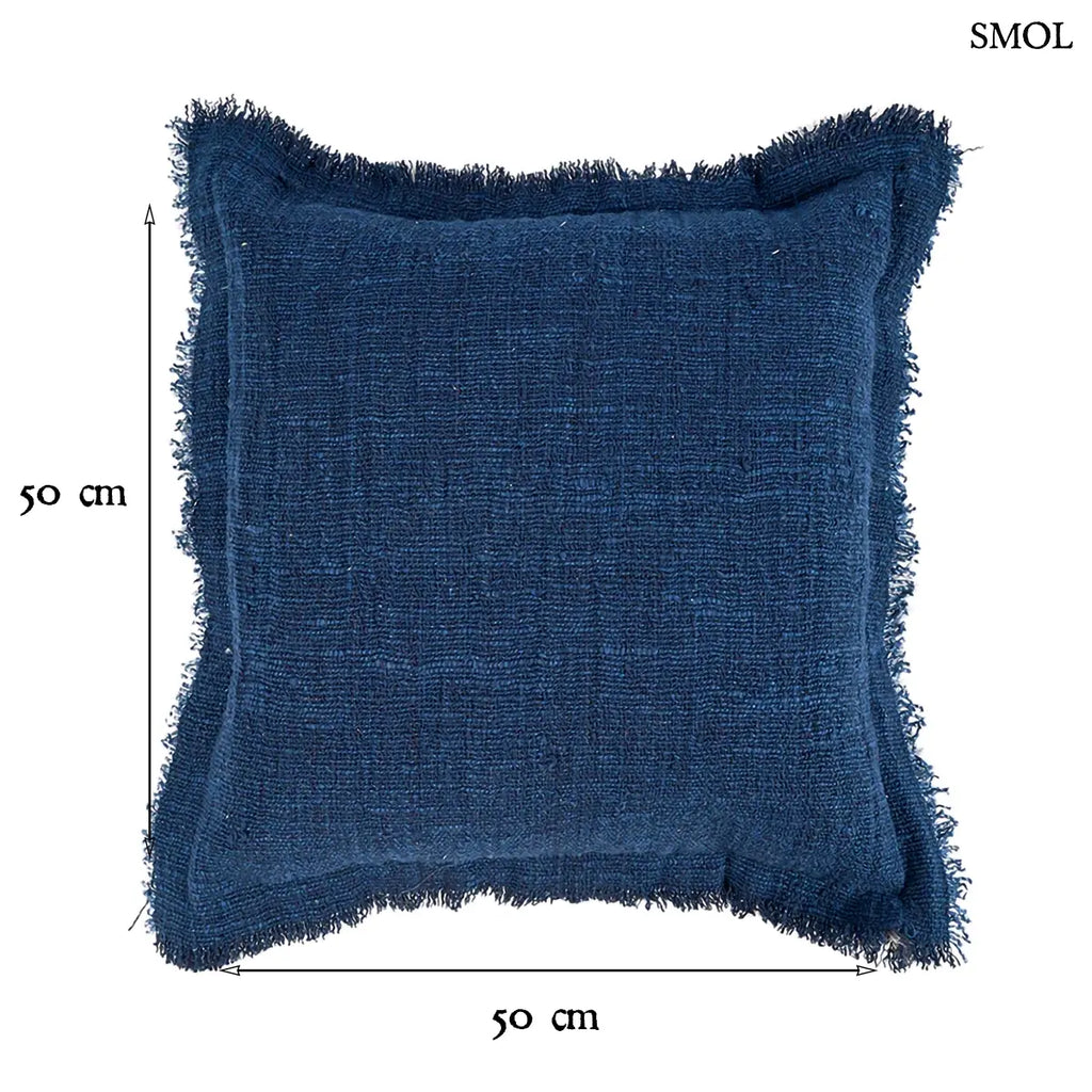 Kék díszpárnahuzat rojtos szegéllyel, 50x50 cm méretben, prémium pamut-vászon anyagból, méretekkel