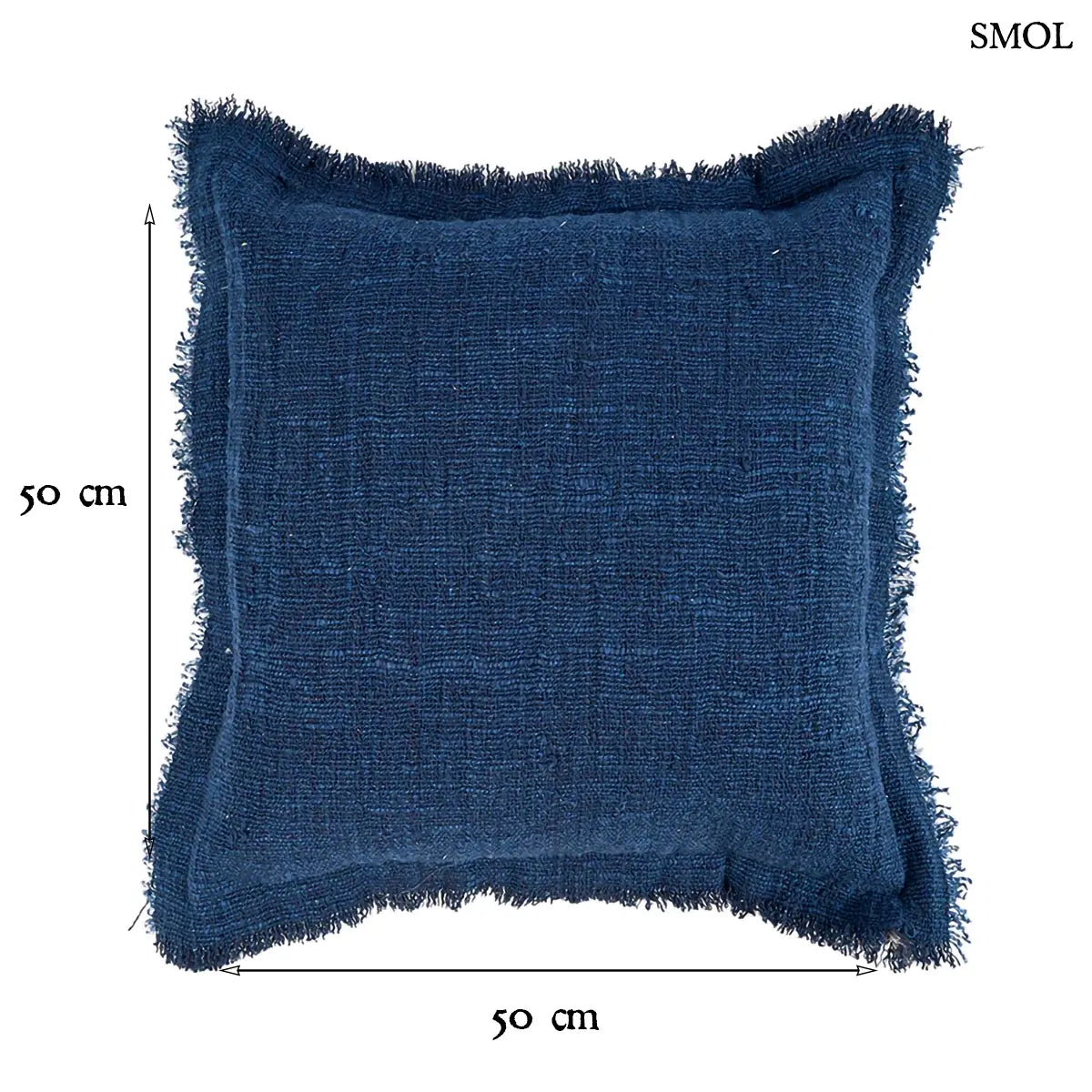 Kék díszpárnahuzat rojtos szegéllyel, 50x50 cm méretben, prémium pamut-vászon anyagból, méretekkel