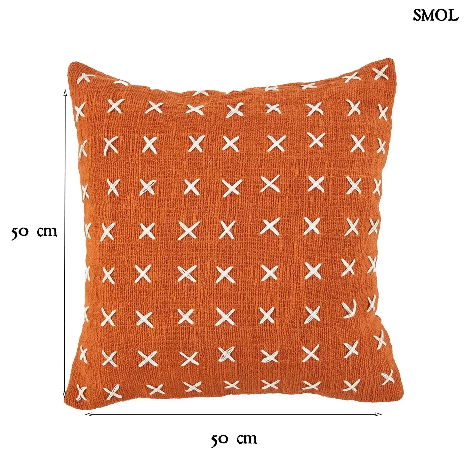 Pamut díszpárnahuzat, élénk terrakotta színben, sűrűn elhelyezett, kézzel varrott fehér kereszt mintákkal, méretekkel