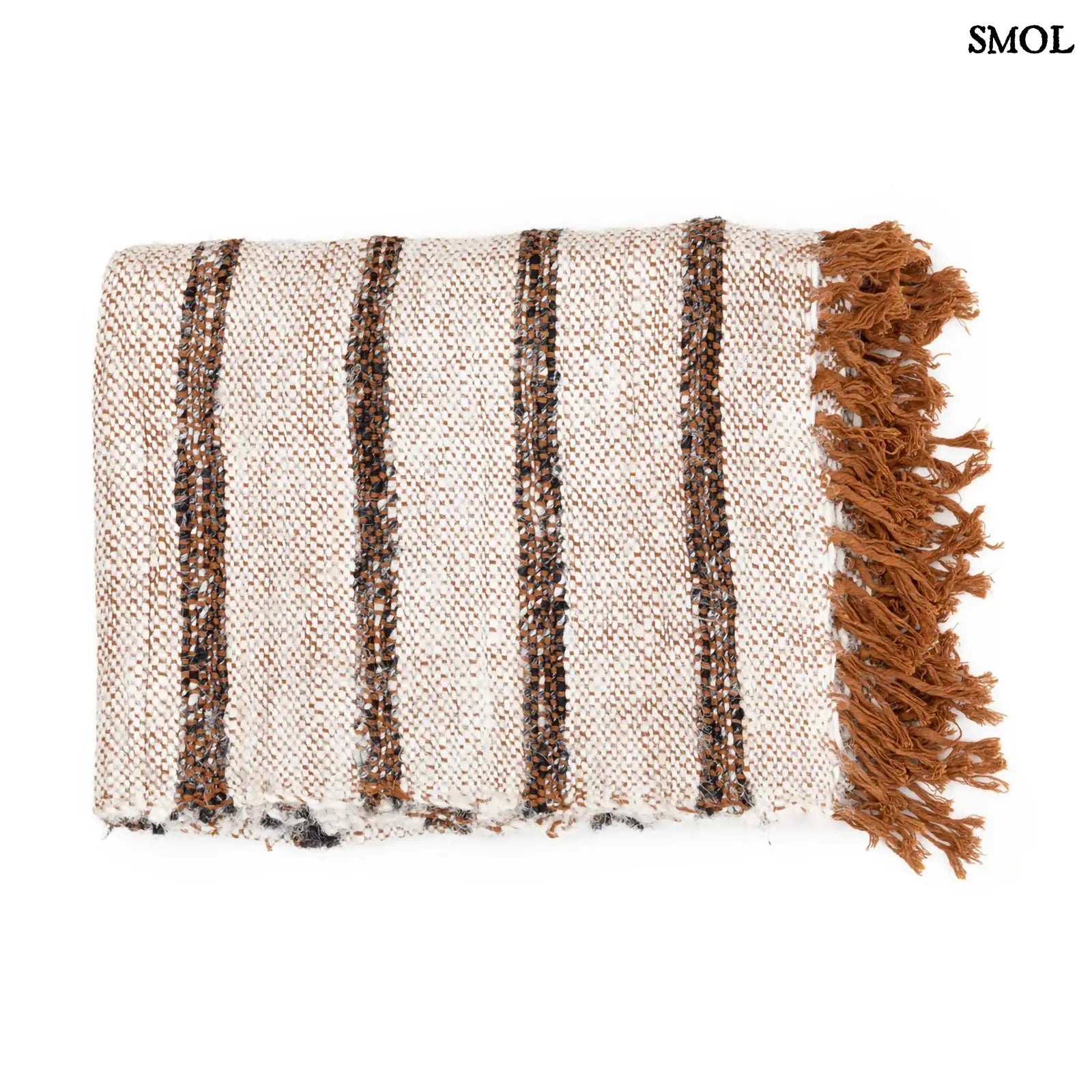 Bohém pamut pléd, kézzel szőtt, rojtos, selymes tapintású takaró összehajtva, fehér háttérrel