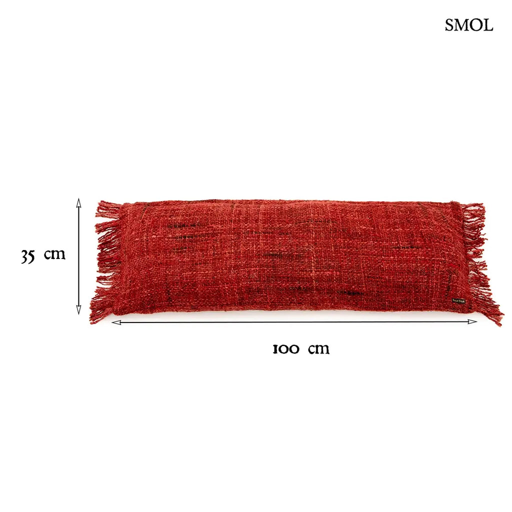 Cseresznyepiros pamut díszpárnahuzat rojtos szegéllyel, 35×100 cm, méretekkel