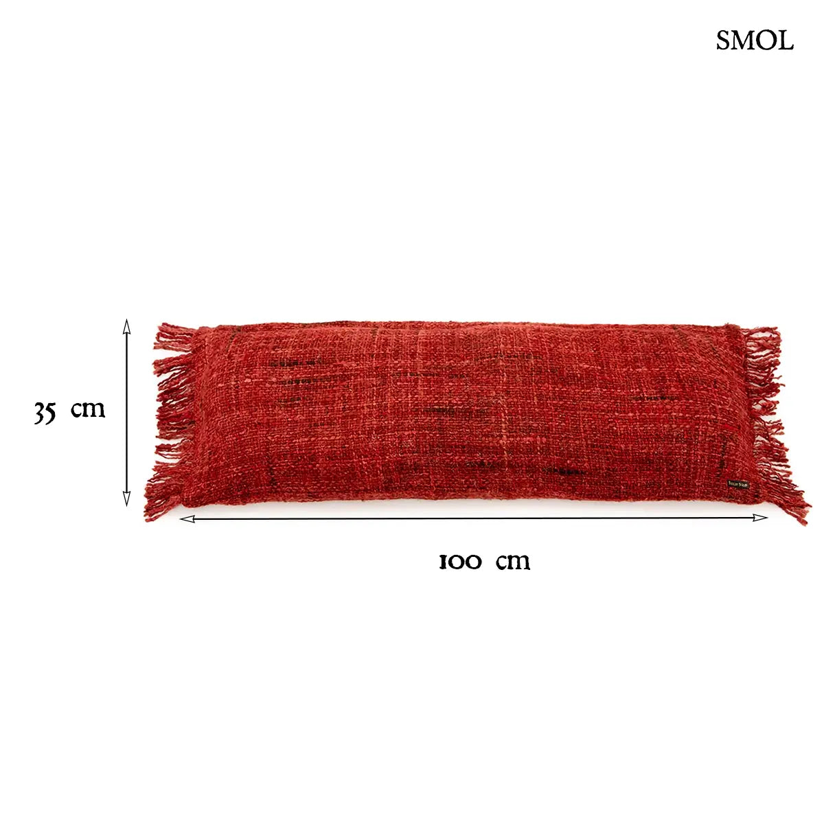 Cseresznyepiros pamut díszpárnahuzat rojtos szegéllyel, 35×100 cm, méretekkel