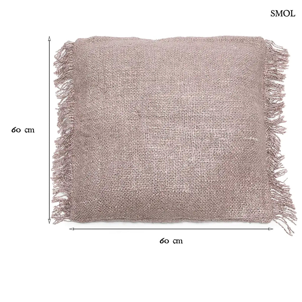  Szürke pamut díszpárnahuzat rojtos szegéllyel, 60×60 cm, méretekkel