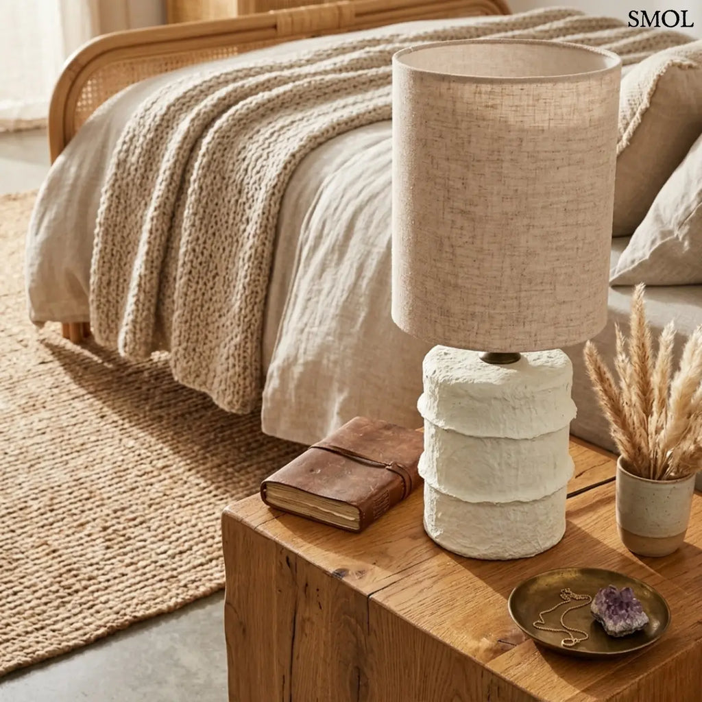 Rusztikus fehér papírmasé asztali lámpa hengeres natúr vászon lámpabúrával, hálószobában, éjjeli szekrényen