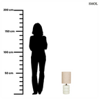 Rusztikus fehér papírmasé asztali lámpa hengeres natúr vászon lámpabúrával, méretarányosan