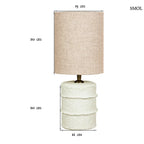 Rusztikus fehér papírmasé asztali lámpa hengeres natúr vászon lámpabúrával, méretekkel