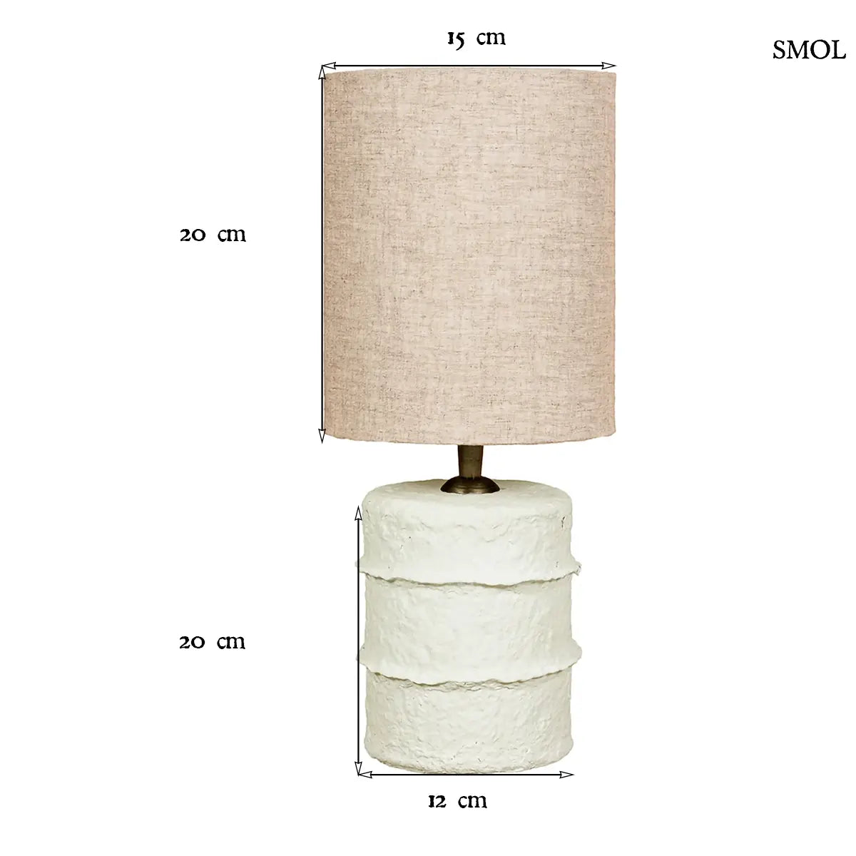 Rusztikus fehér papírmasé asztali lámpa hengeres natúr vászon lámpabúrával, méretekkel