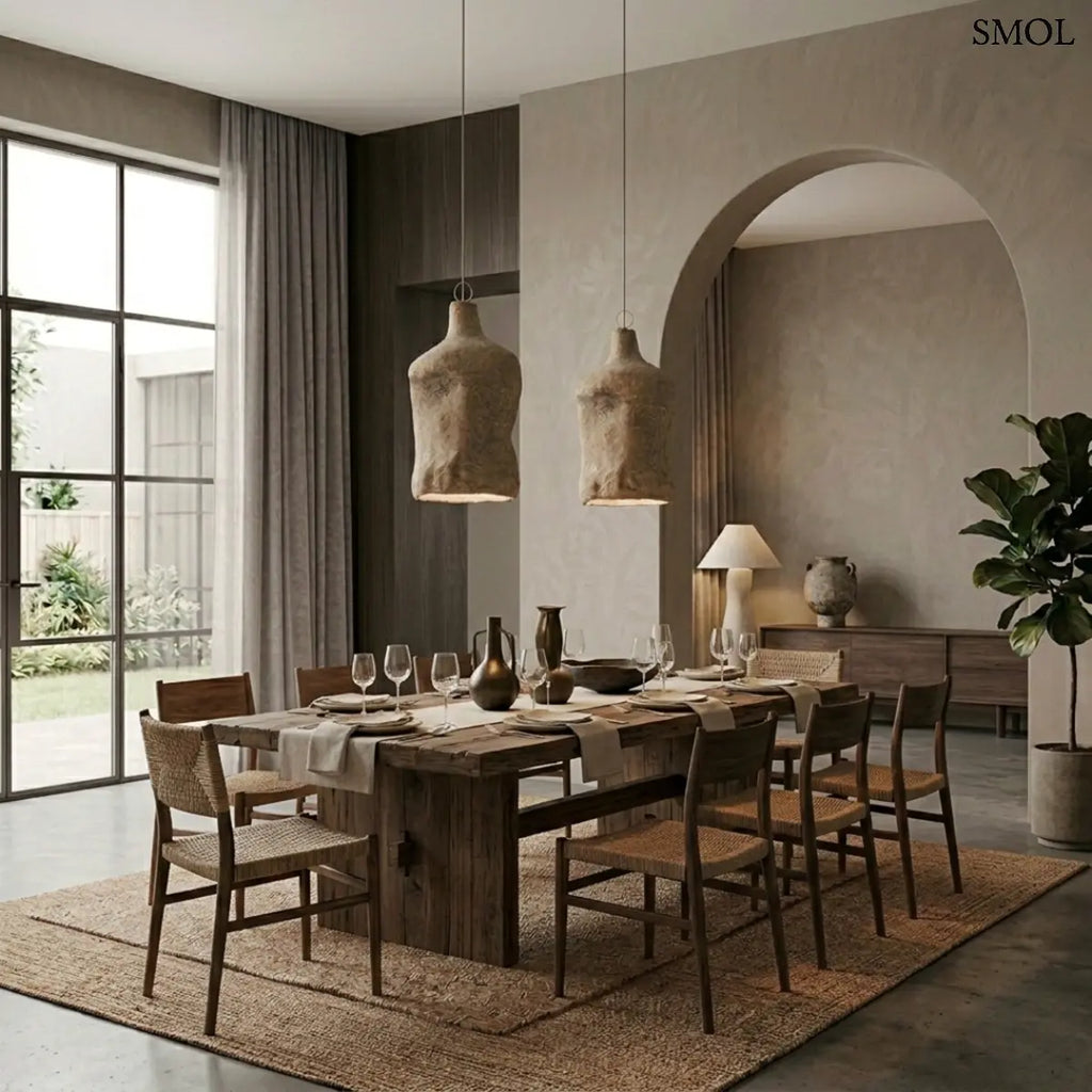 Rusztikus, földszínű papírmasé függőlámpa étkezőasztal felett