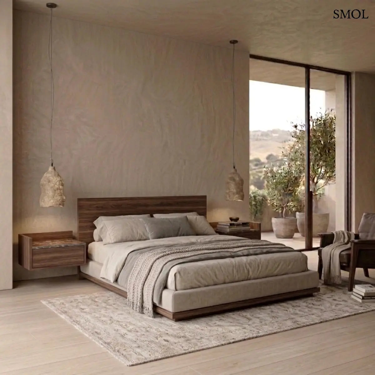 Rusztikus barna, kézzel készült papírmasé lámpabúra organikus, rücskös felülettel, hálószobában