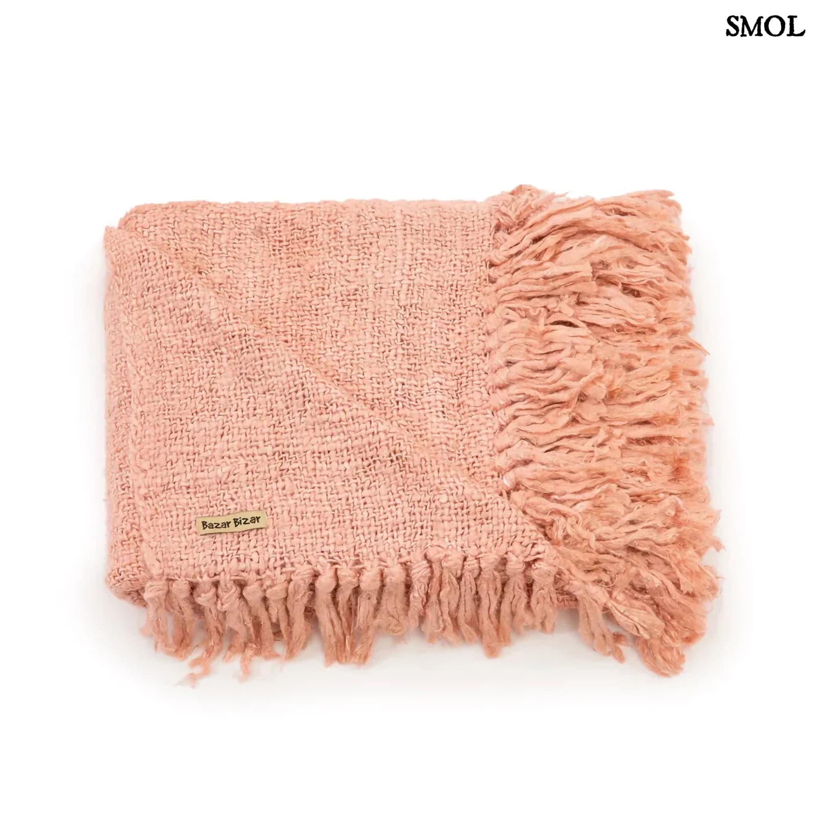 Lazacrózsaszín kézzel szőtt pamut pléd waffel textúrával, összehajtva, logóval