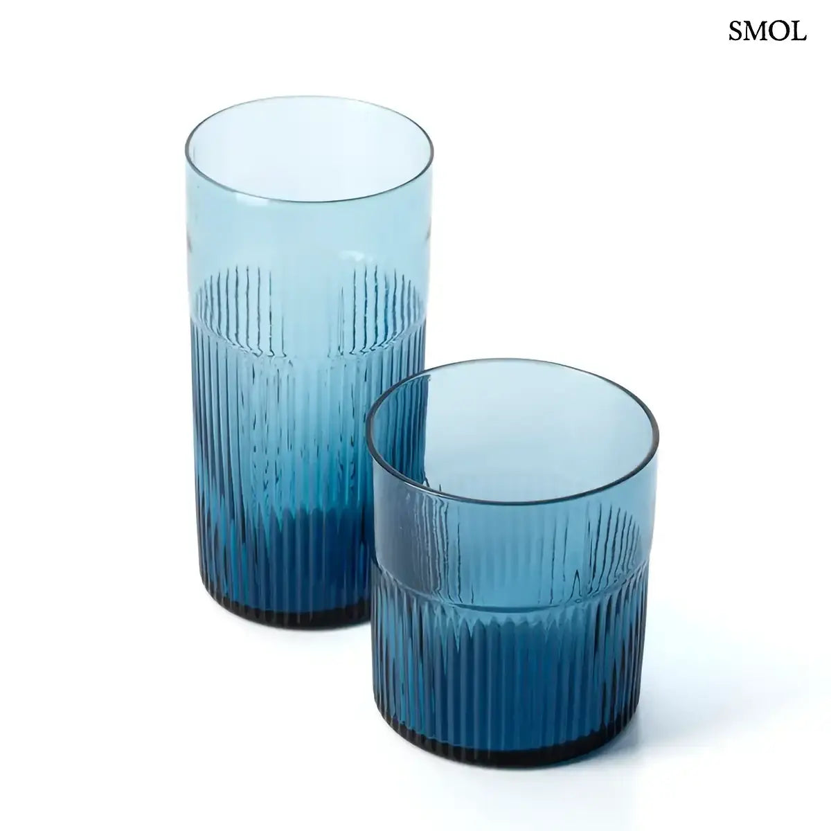 AZURE RIPPLED kék bordázott magas pohár szett 6 db, két méretben, felülről, ferdén