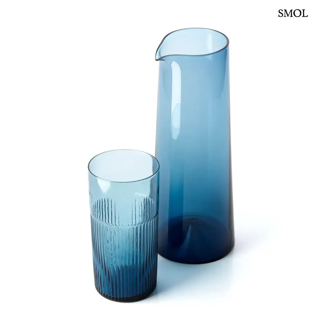 AZURE RIPPLED kék bordázott magas pohár szett 6 db, üvegkancsóval