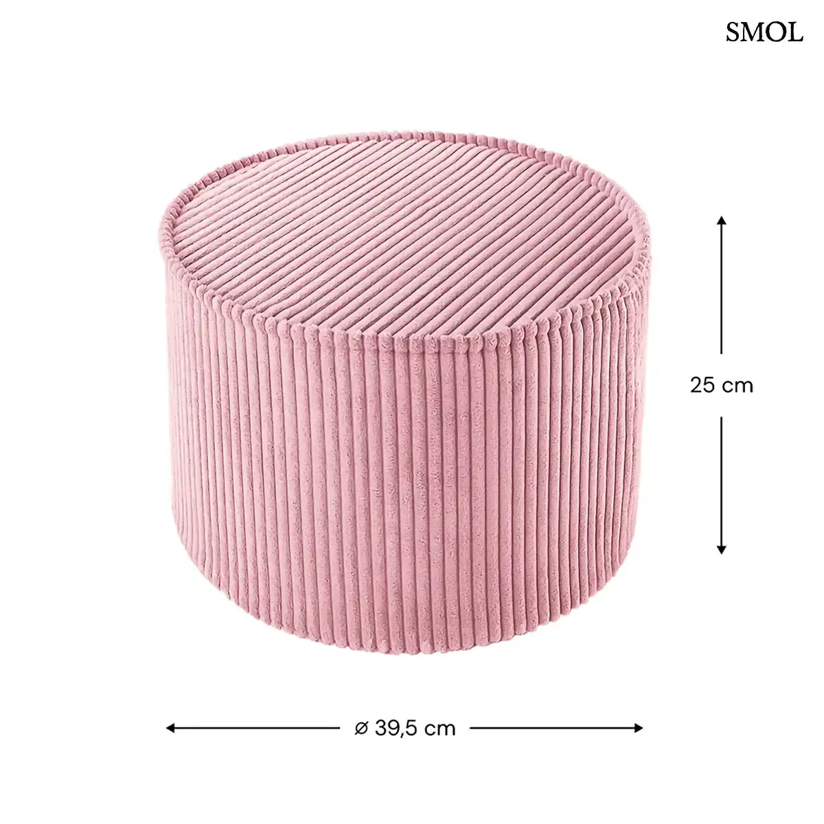 PINK MOUSSE púderrózsaszín bordás kordbársony henger puff, méretekkel