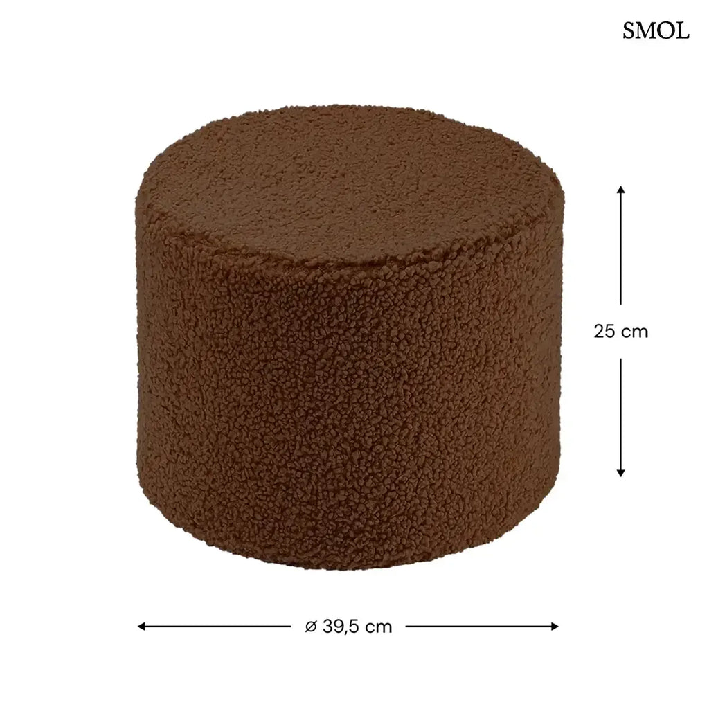 WARM HAZEL mogyoróbarna teddy szövetű henger alakú puff, méretekkel