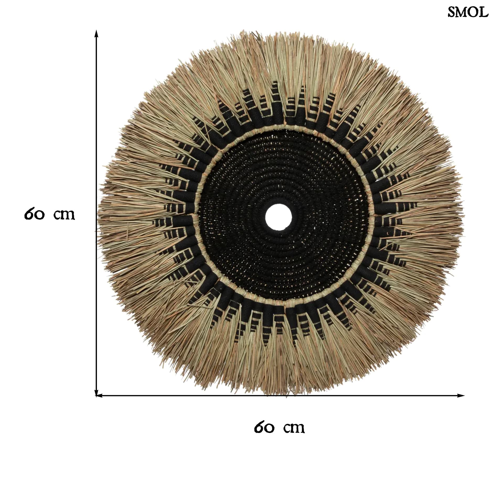 RAFFIA MACRAME, fekete-natúr raffia makramé falidísz, ⌀60 cm - smol.hu - méretekkel