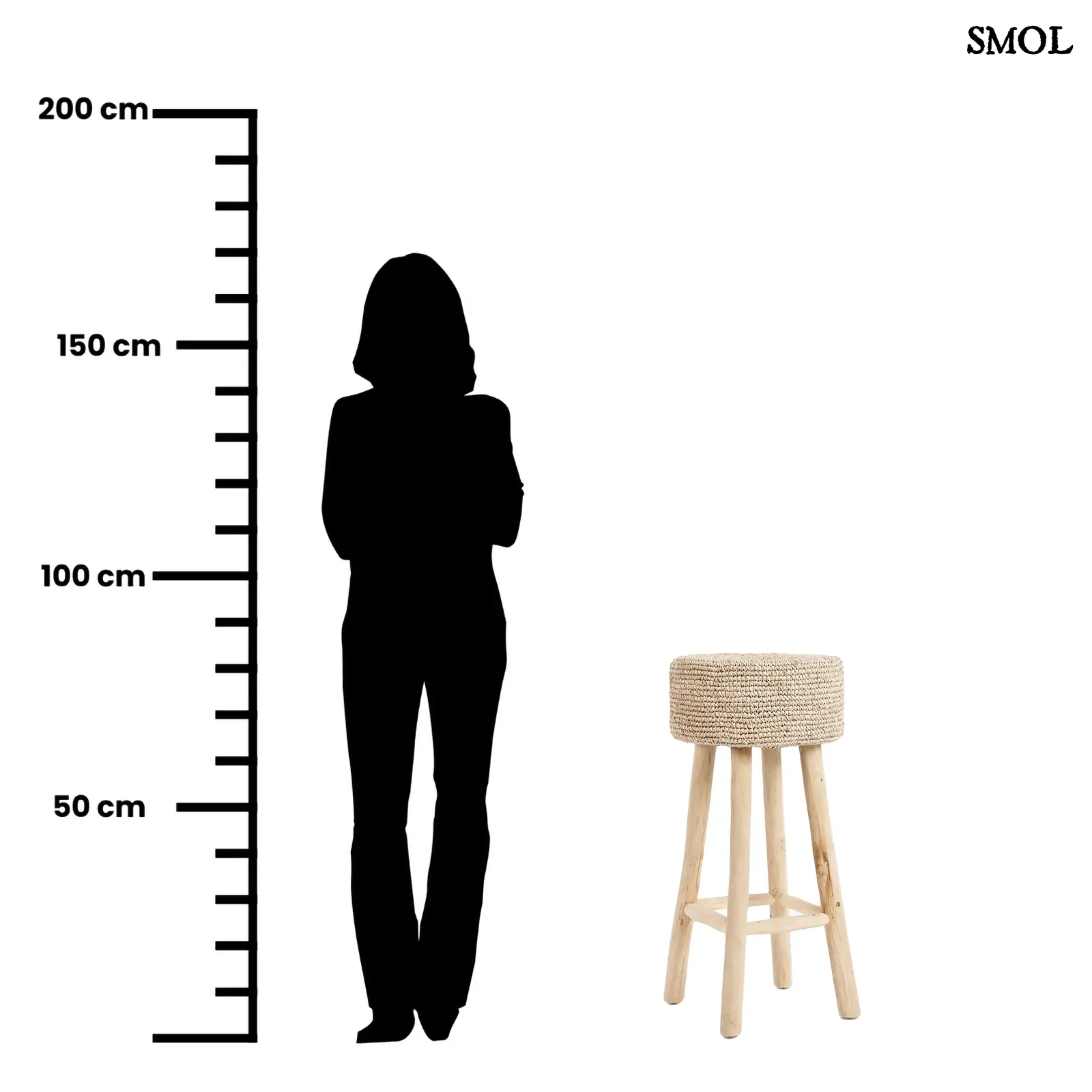 Raffia bárszék natúr színben, kézzel fonott ülőfelülettel és fa lábakkal, méretarányosan