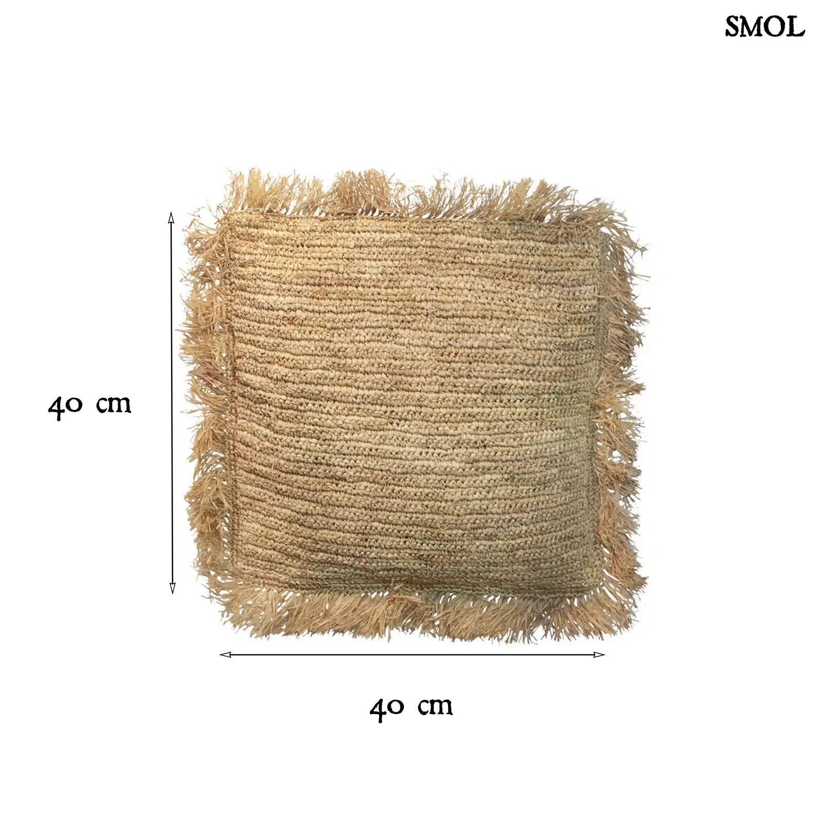 Raffia díszpárnahuzat, 40x40, rojtokkal | RAFFIA | SMOL - méretekkel