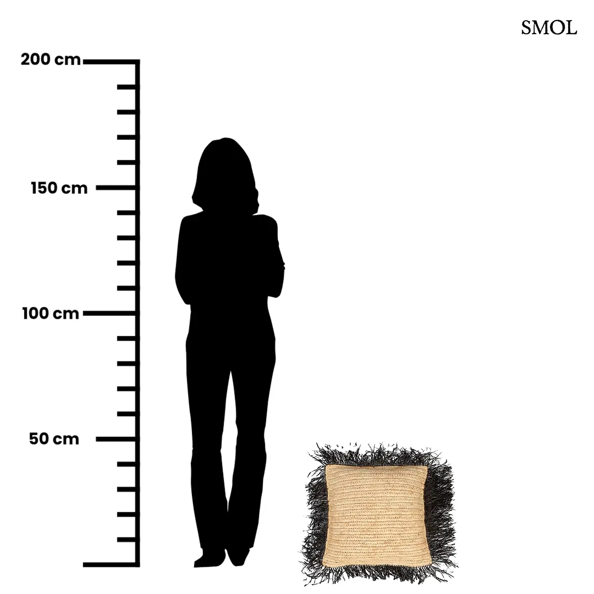 Fekete négyzetes raffia díszpárnahuzat 40×40 cm, természetes rostokkal, méretarányosan