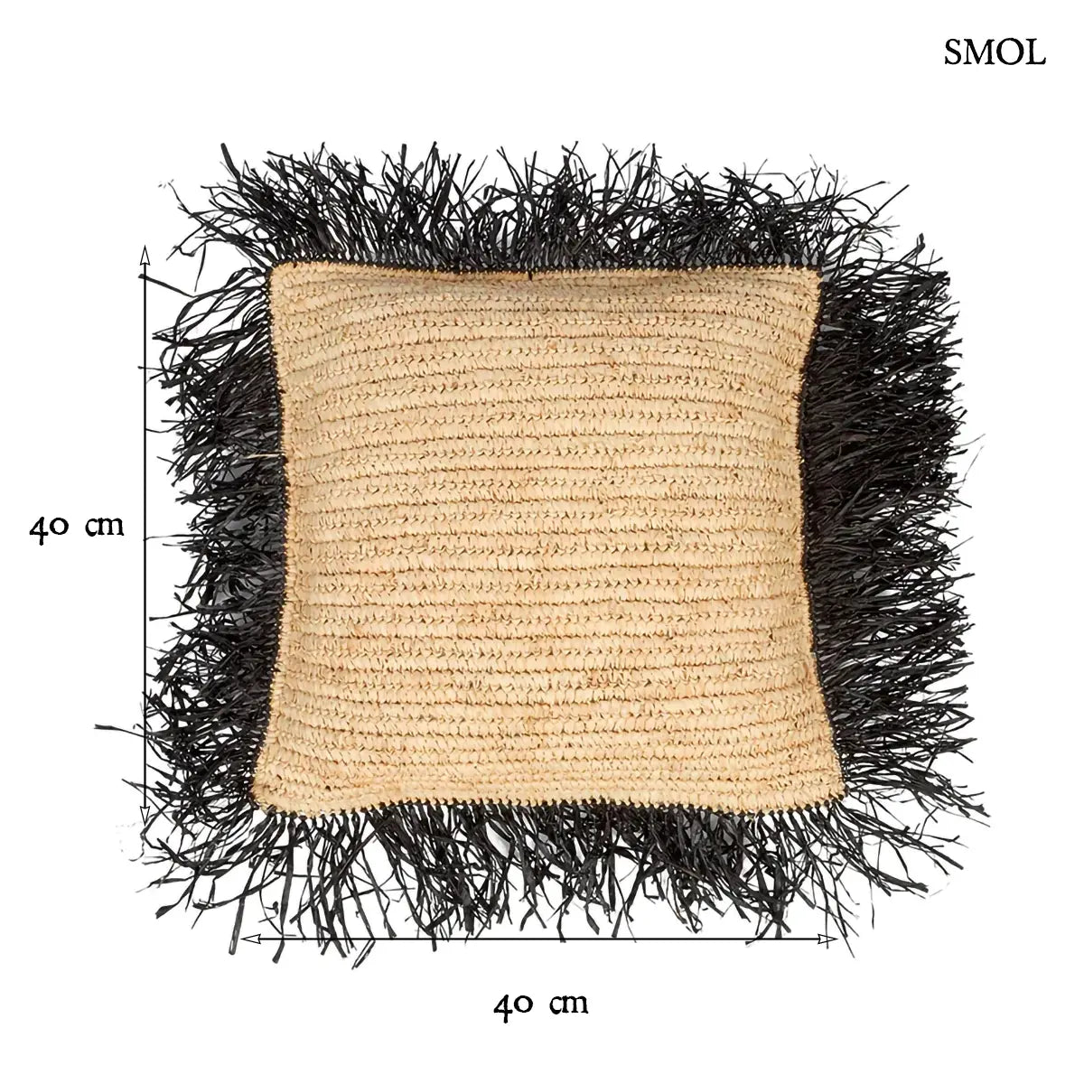 Fekete négyzetes raffia díszpárnahuzat 40×40 cm, természetes rostokkal, méretekkel