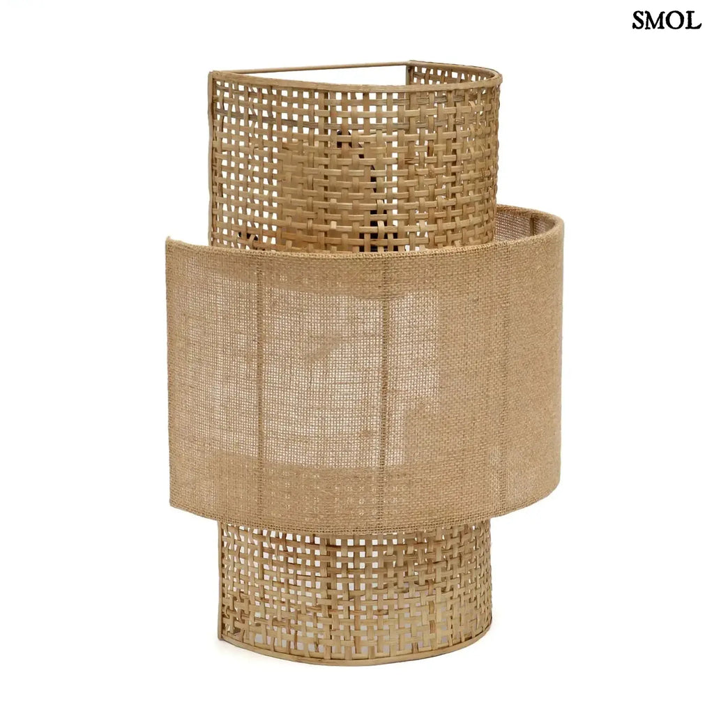 Rattan fali lámpa juta árnyékolóval, natúr színű, kézműves boho stílusú fali világítás,  elforgatva