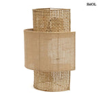 Rattan fali lámpa juta árnyékolóval, natúr színű, kézműves boho stílusú fali világítás,  oldalról