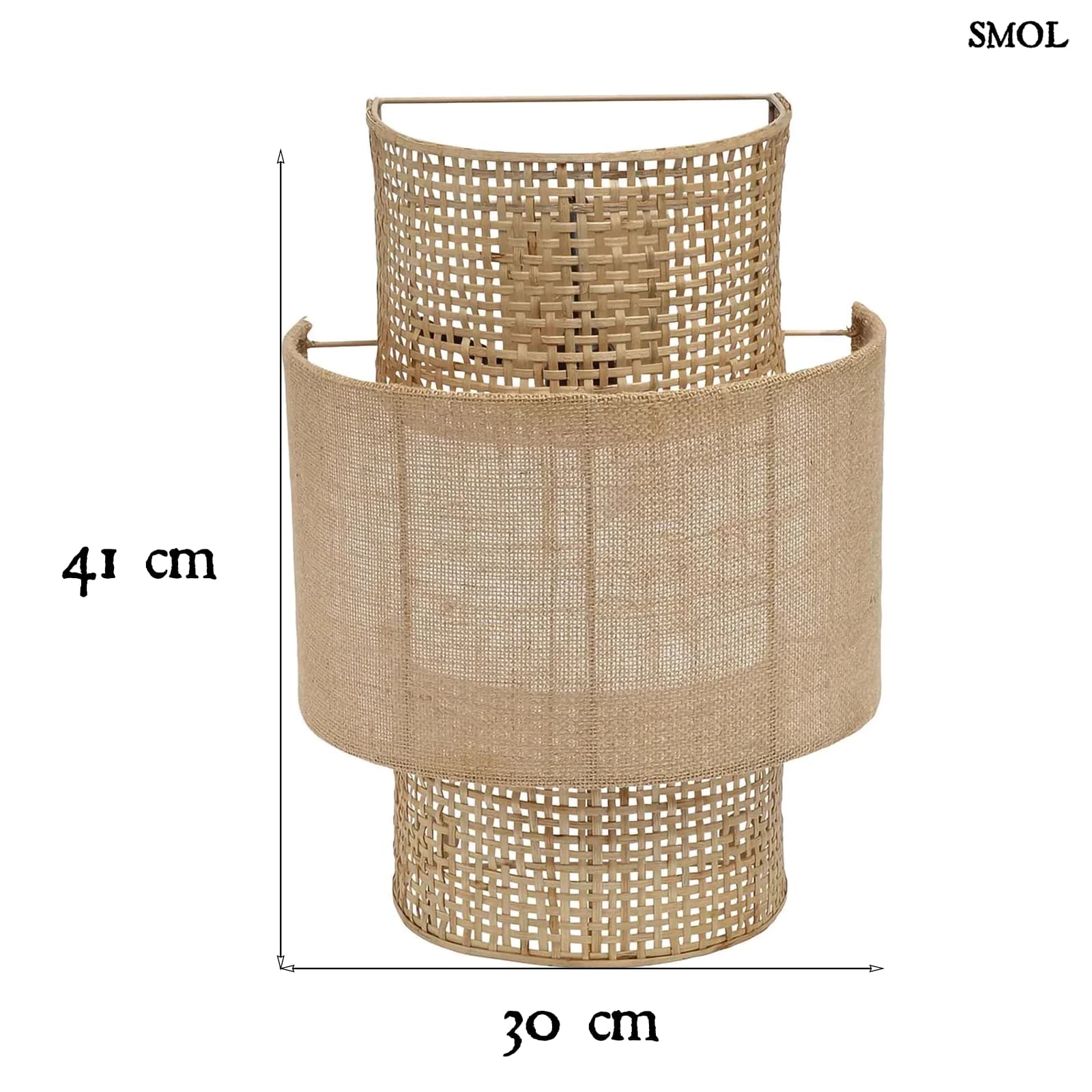 Rattan fali lámpa juta árnyékolóval, natúr színű, kézműves boho stílusú fali világítás,  méretekkel