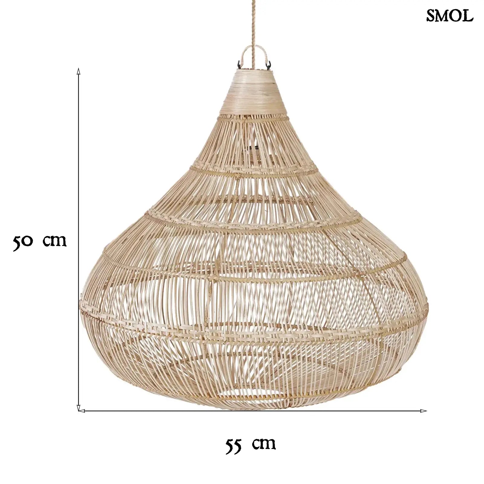Natúr rattan függőlámpaernyő, csepp alakú, kézzel szőtt, organikus kiegészítő méretekkel