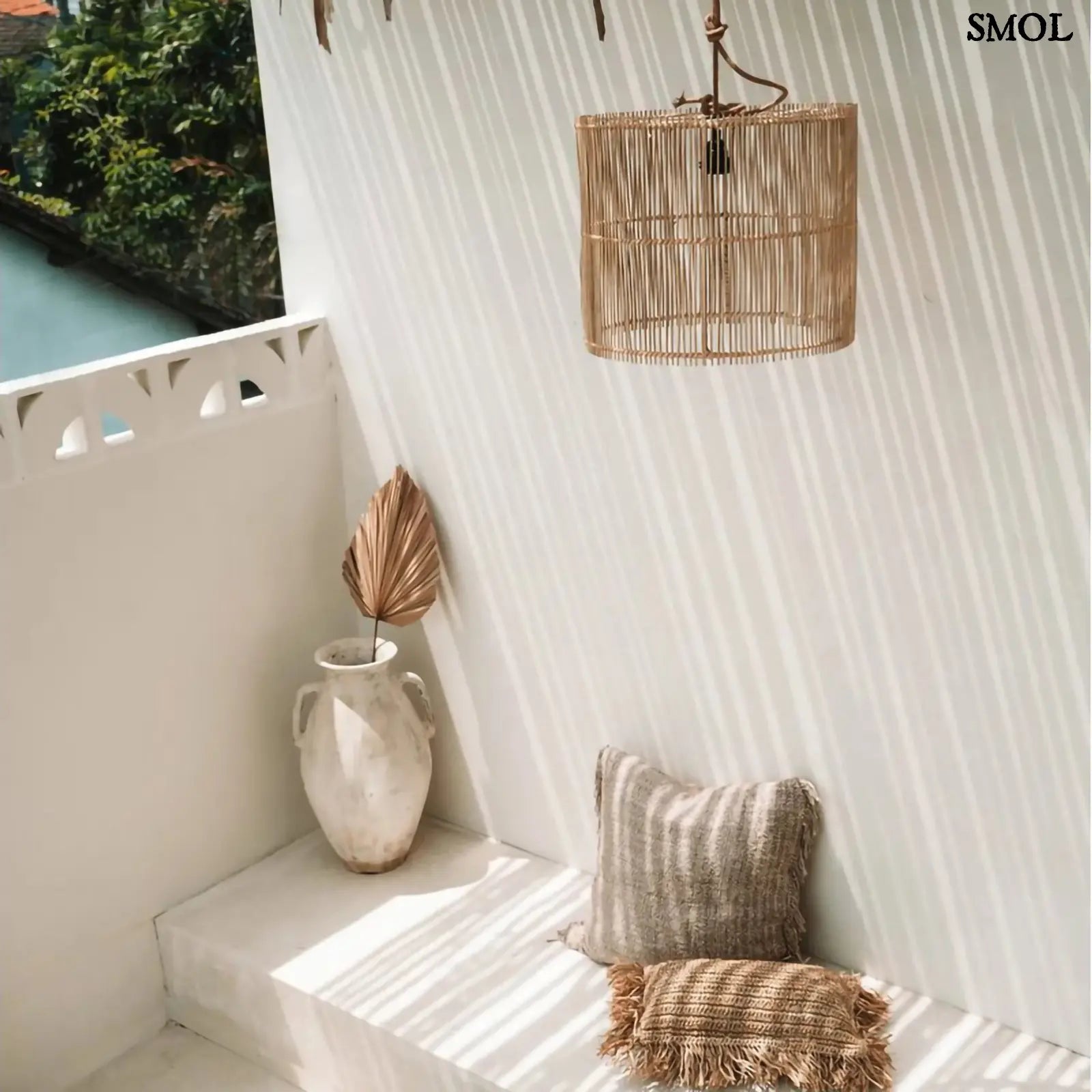 CHACHA rattan függőlámpaernyő natúr színben, nagyméretű (50 cm magas), kézzel szőtt fonattal, teraszon, kiegészítőkkel