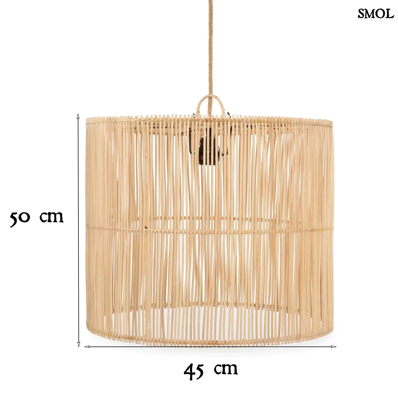 CHACHA rattan függőlámpaernyő natúr színben, nagyméretű (50 cm magas), kézzel szőtt fonattal, méretekkel