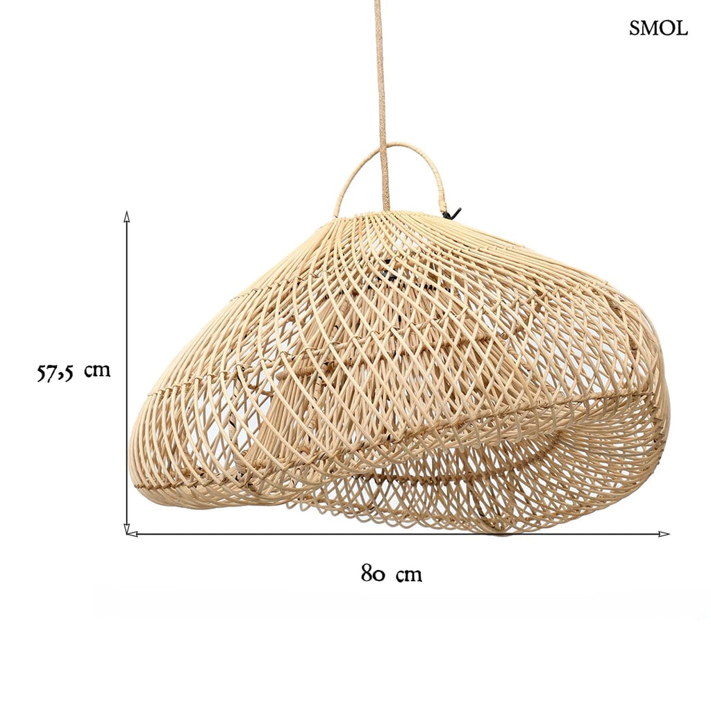 Kézzel font natúr rattan lámpaernyő aszimmetrikus Cloud formában, 80 cm-es méretben, világosbarna természetes szálakból, méretekkel