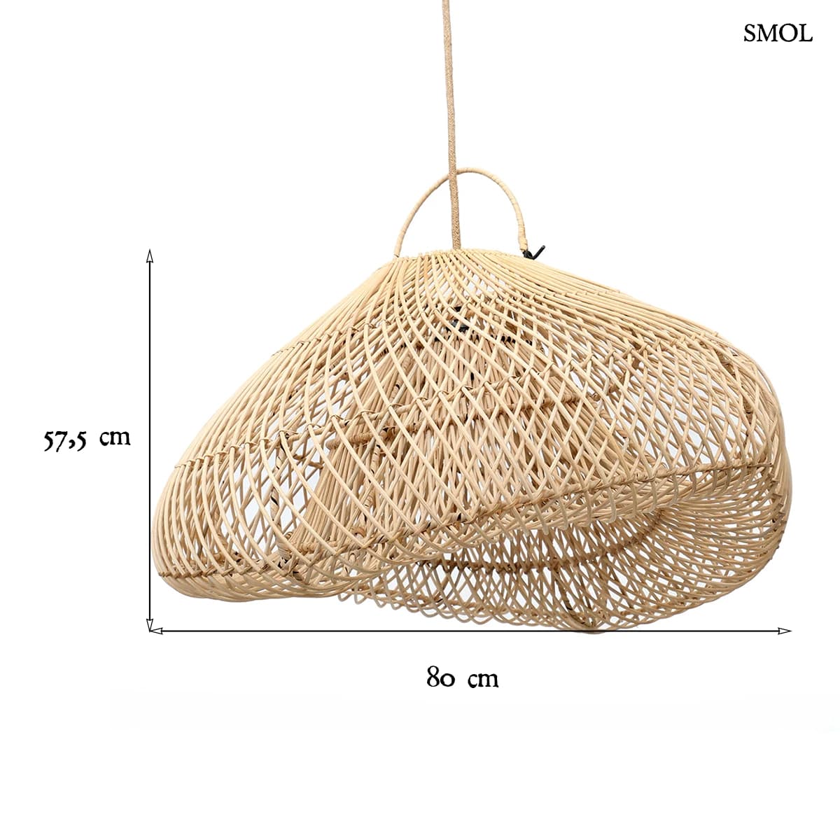 Kézzel font natúr rattan lámpaernyő aszimmetrikus Cloud formában, 80 cm-es méretben, világosbarna természetes szálakból, méretekkel