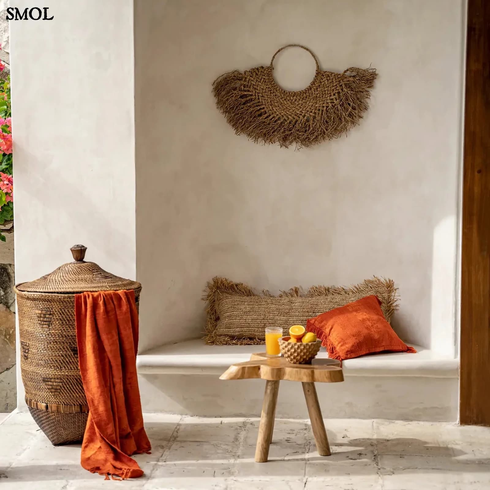 Rattan Tárolókosár fedéllel, 90 cm | COLONIAL LAUNDRY | SMOL - narancssárga pléddel