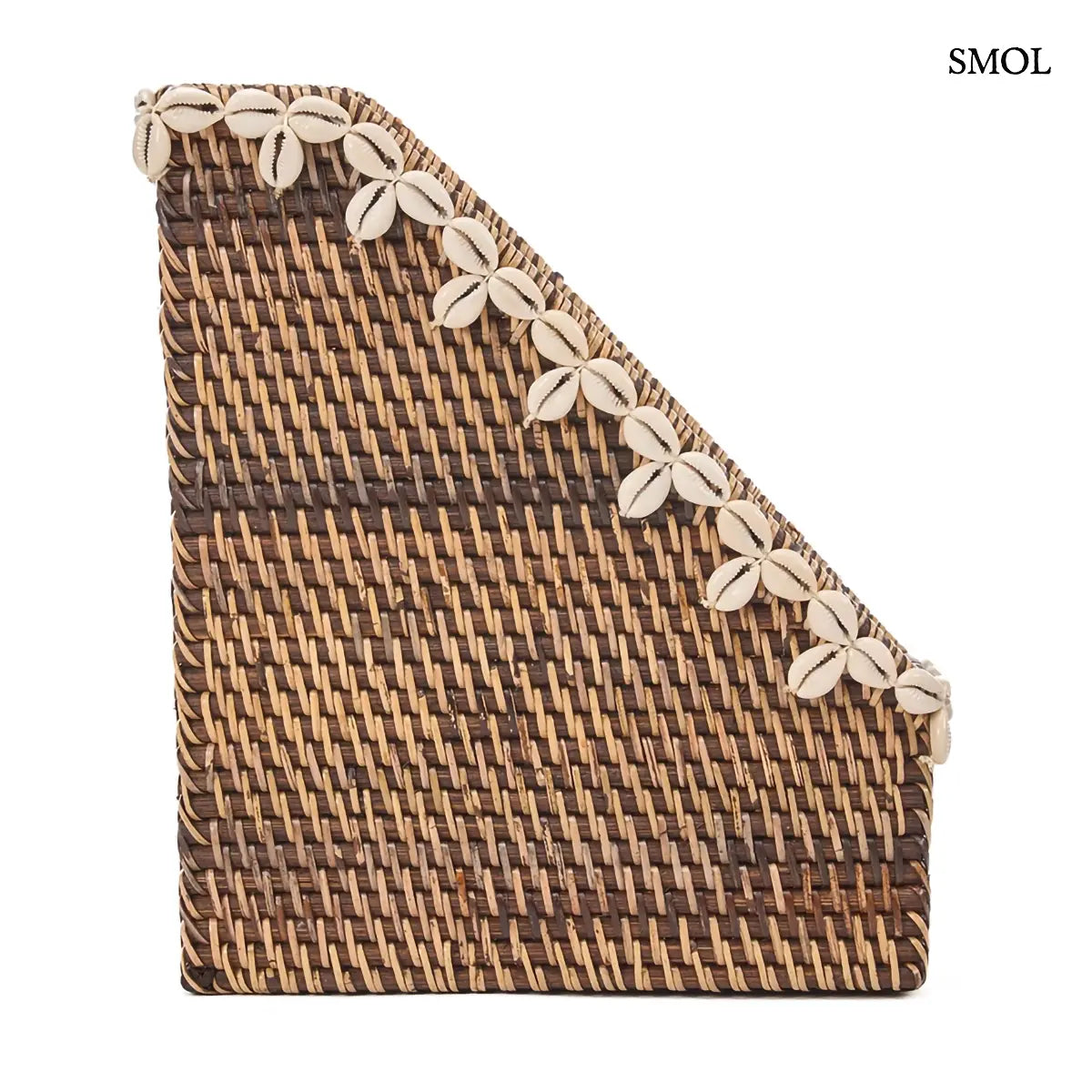  Natúr barna rattan asztali rendező fehér kagylós szegéllyel, 27×30 cm, oldalról