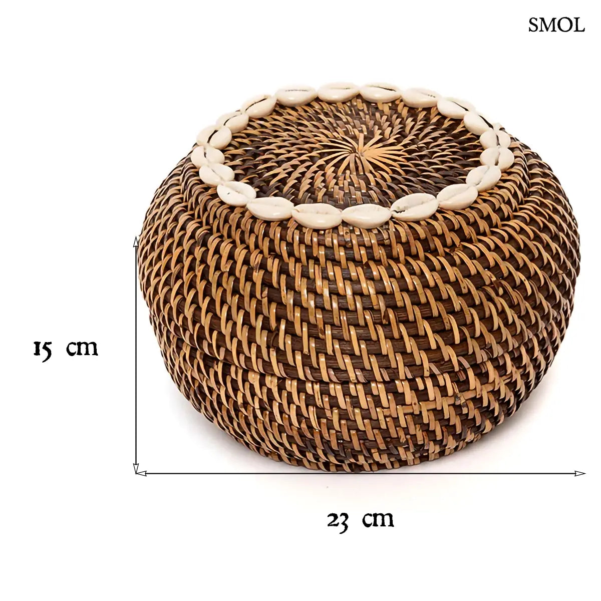  Sötétbarna rattan ékszerdoboz kagylós szegéllyel és fedővel, S méret, 23×15 cm, méretekkel