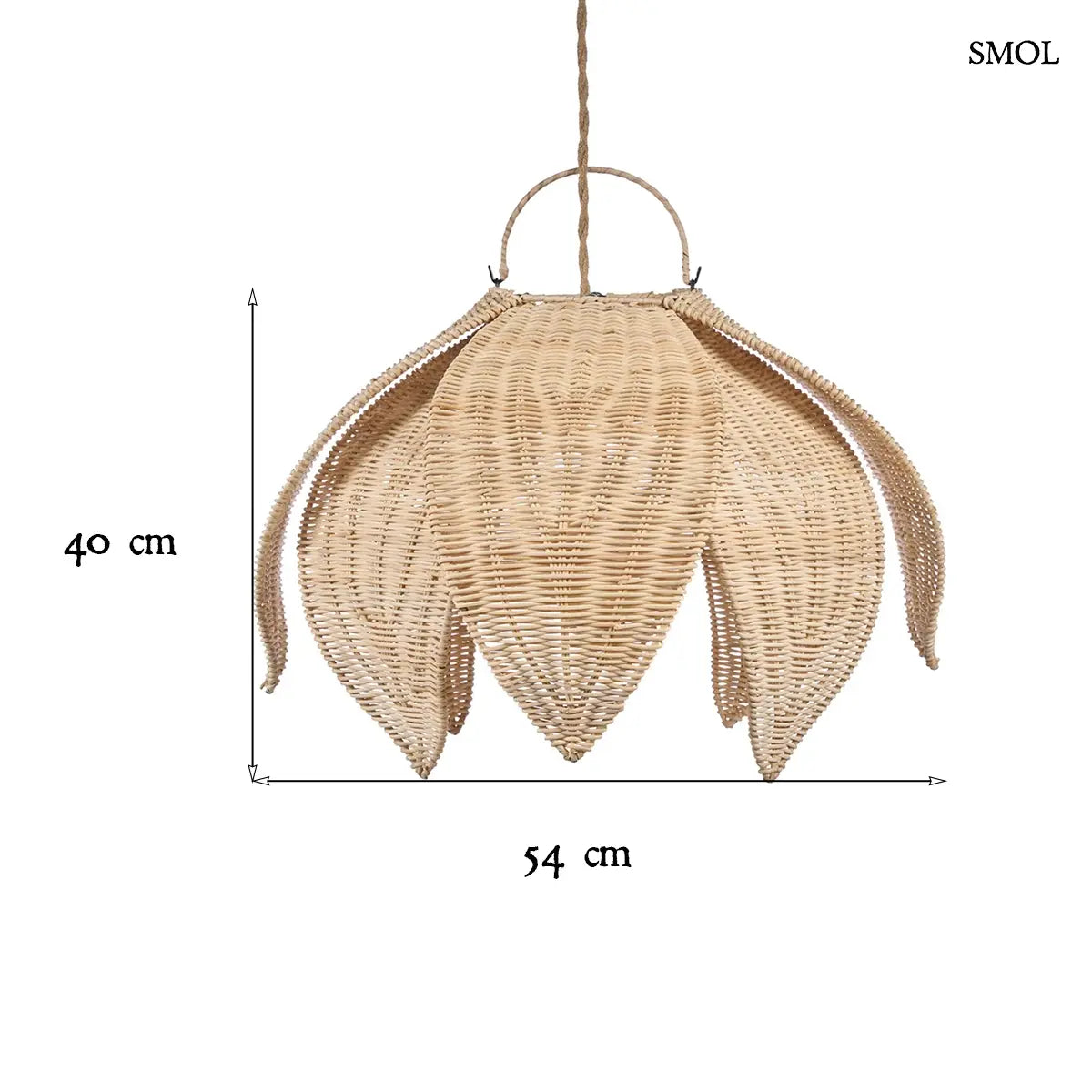 Lótusz virág formájú natúr rattan függőlámpabúra virágszirmokkal, 54×40 cm, méretekkel