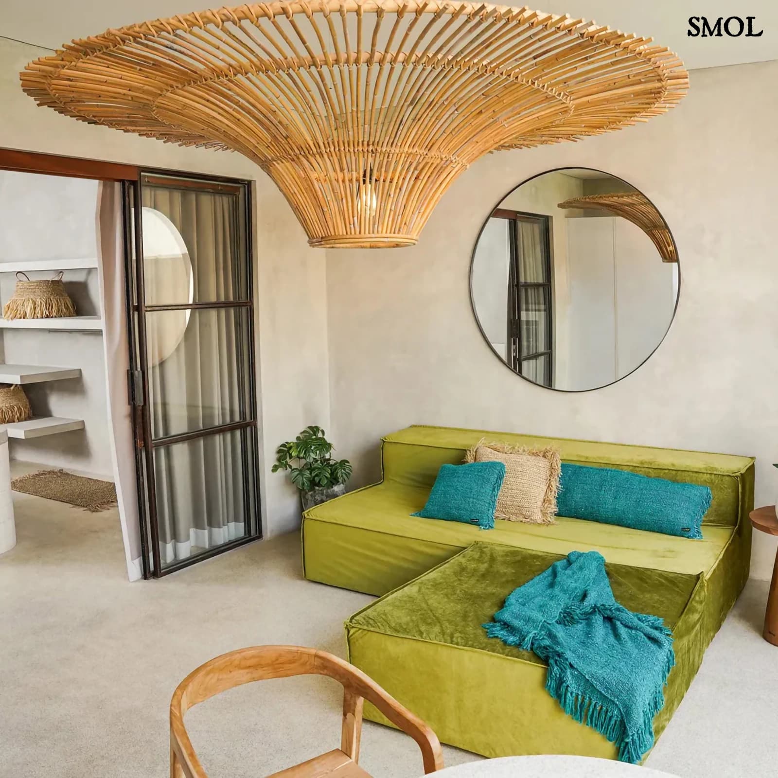 Rattan függőlámpa – Natúr XXL | SKY | SMOL - nappaliban, égővel